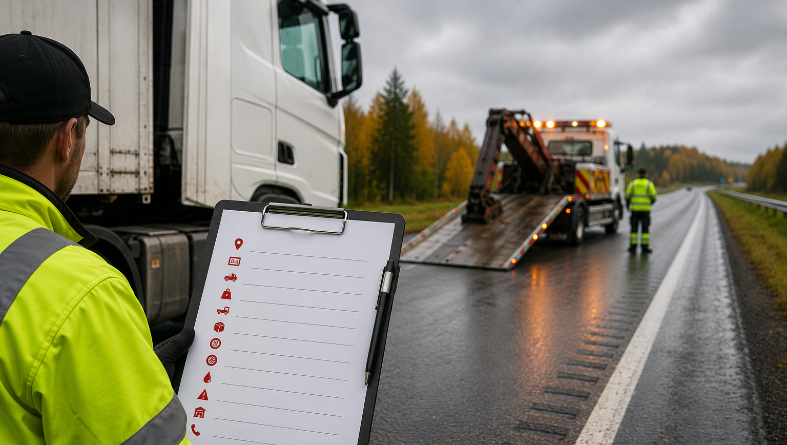 bärgare står med checklista på vägen